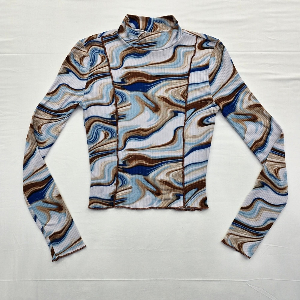 Y2K Retro Womens XS Marble Swirl Mock Neck Top Blue Brown Ribbed Lettuce